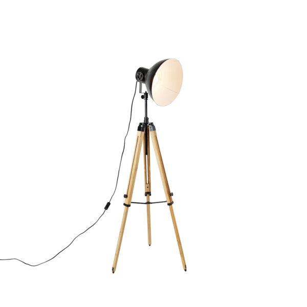 Industrial tripod floor lamp black with wood - Mangoes