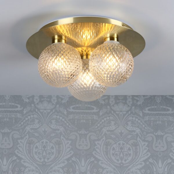 Laura Ashley Prague Bathroom 3 Light Flush Ceiling Light In Satin Brass Finish With Glass Shades IP44