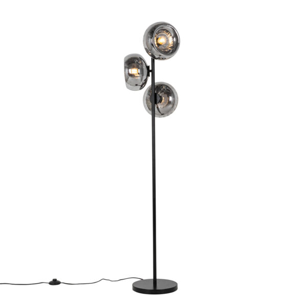 Art Deco floor lamp black with smoke glass 3-light - Ayesha