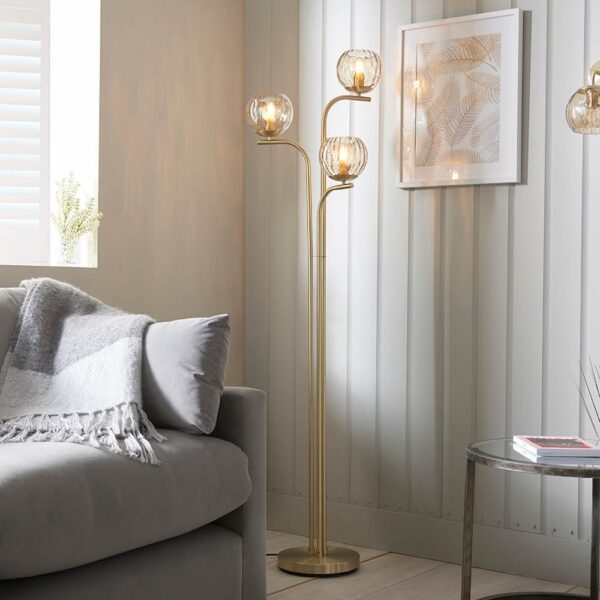 Dimple 3 Light Champagne Glass Shade Floor Lamp In Brass