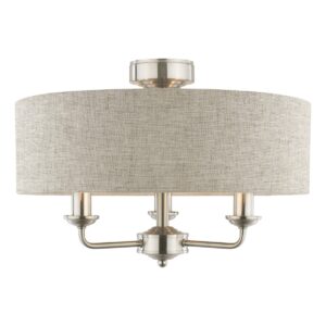 Laura Ashley Sorrento 3 Light Semi Flush Ceiling Light In Satin Nickel With Natural Shade LA3756393-Q