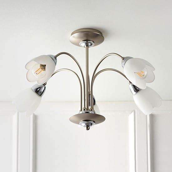 Petal 5 Lights Glass Semi Flush Ceiling Light In Satin Chrome