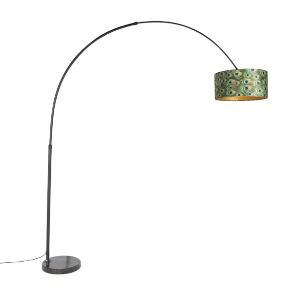 Botanical arc lamp black velvet shade peacock design 50 cm - XXL