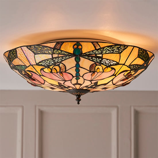 Anqing Large Tiffany Glass Flush Ceiling Light In Dark Bronze