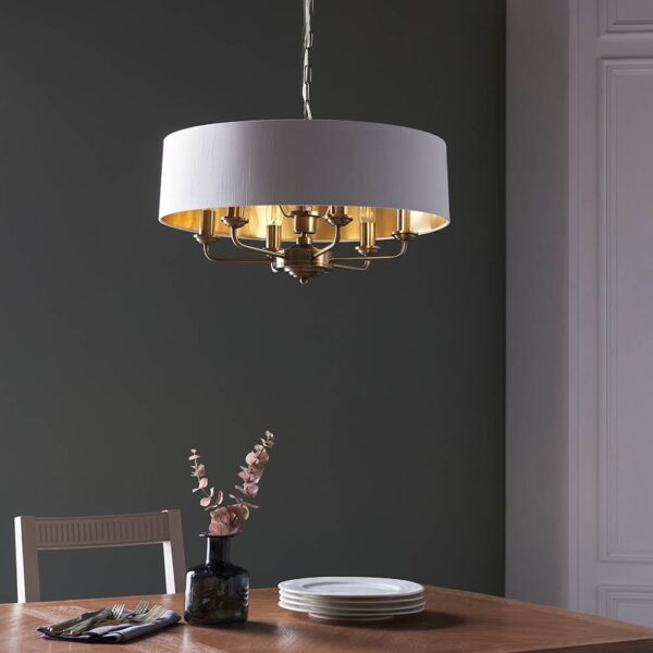 Hixson 6 Light White Fabric Pendant Ceiling Light In Brass