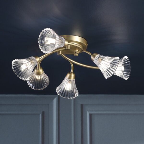 Laura Ashley Lanton 6 Light Semi Flush Ceiling Light In Matt Antique Brass And Ribbed Glass LA3756593-Q