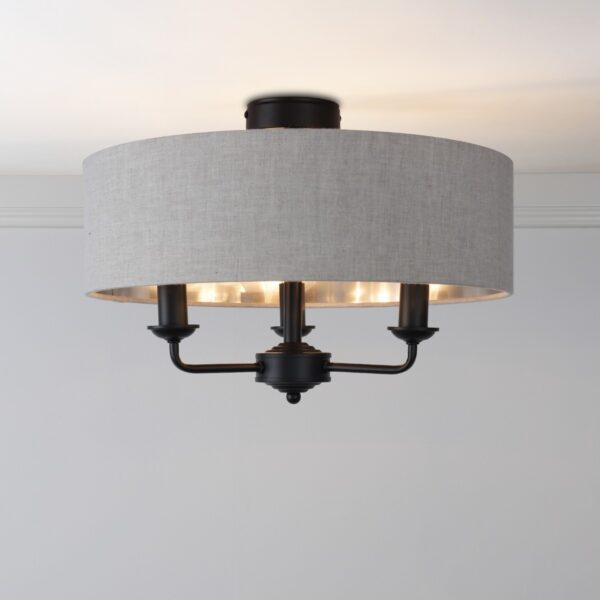 Laura Ashley Sorrento 3 Light Semi Flush Ceiling Light In Matt Black With Natural Shade