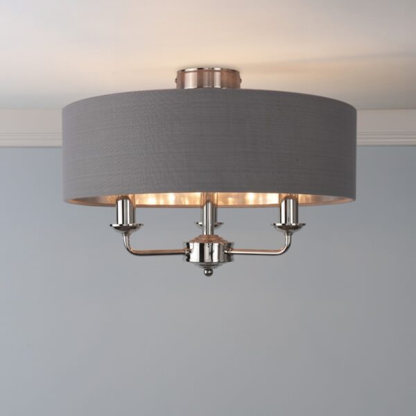 Laura Ashley Sorrento 3 Light Semi Flush Ceiling Light In Polished Nickel With Grey Shade