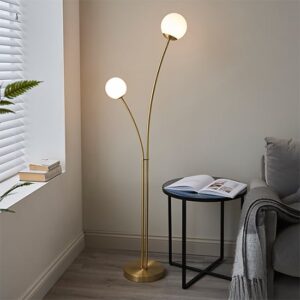 Bloom 2 Lights Opal Glass Floor Lamp In Satin Brass