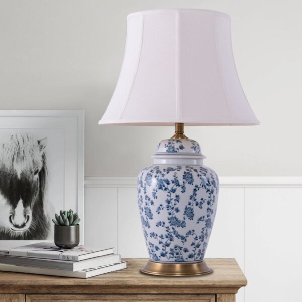 Lightsin Blue Floral Ceramic Table Lamp with Fabric Shade and Brass Base