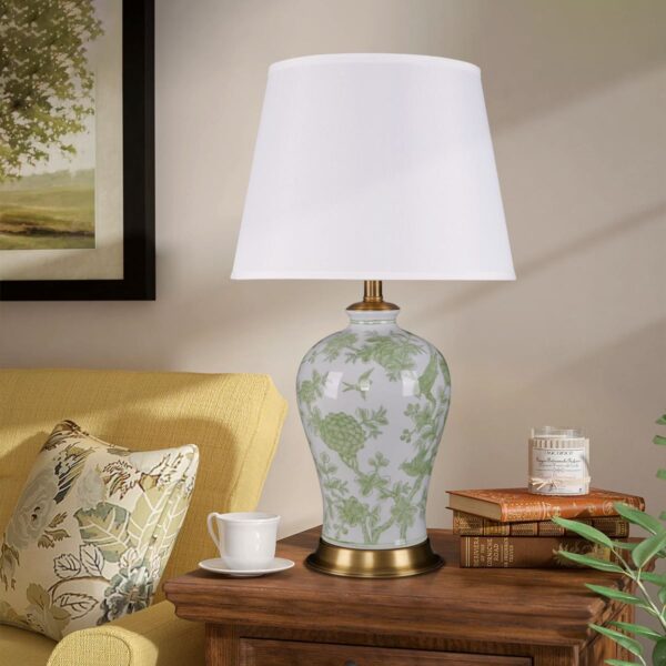 Lightsin Green Floral Ceramic Table Lamp with Copper Base and Fabric Shade