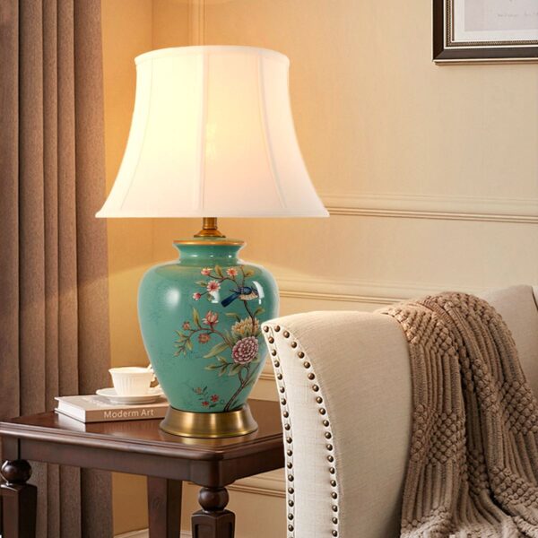 Lightsin Table Lamp with Vintage Green Floral Ceramic Base and Fabric Shade