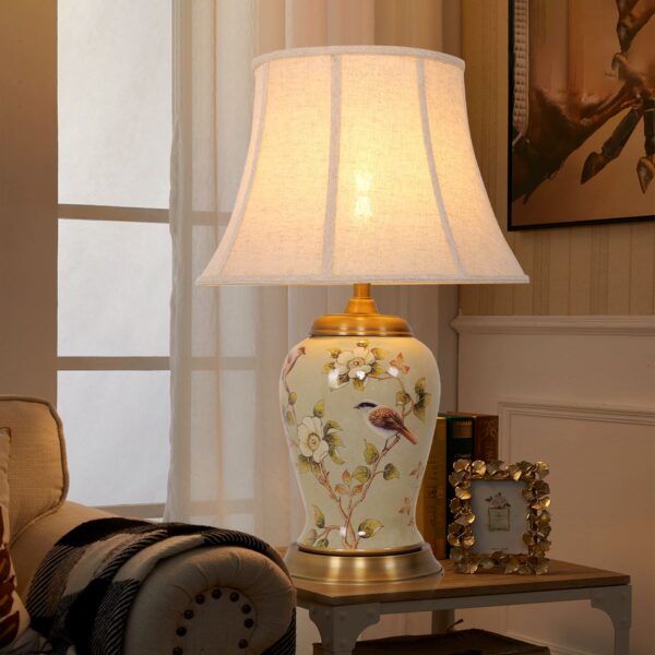 Lightsin Vintage Camellia Ceramic Table Lamp with Copper Base and Fabric Shade