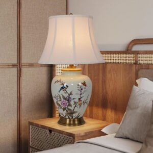 Lightsin Vintage Ceramic Bird-Pattern Table Lamp with Fabric Shade