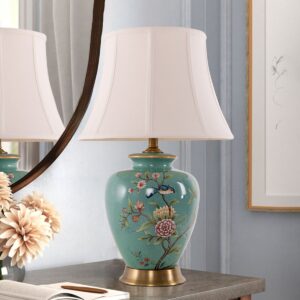 Lightsin Vintage Ceramic Bird-Pattern Table Lamp with Fabric Shade