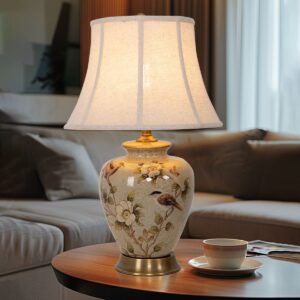 Lightsin Vintage Ceramic Bird-Pattern Table Lamp with Fabric Shade