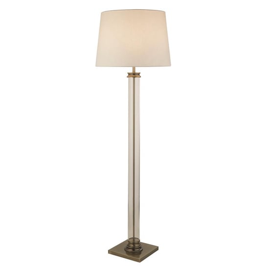 Pedestal White Fabric Shade Floor Lamp In Antique Brass